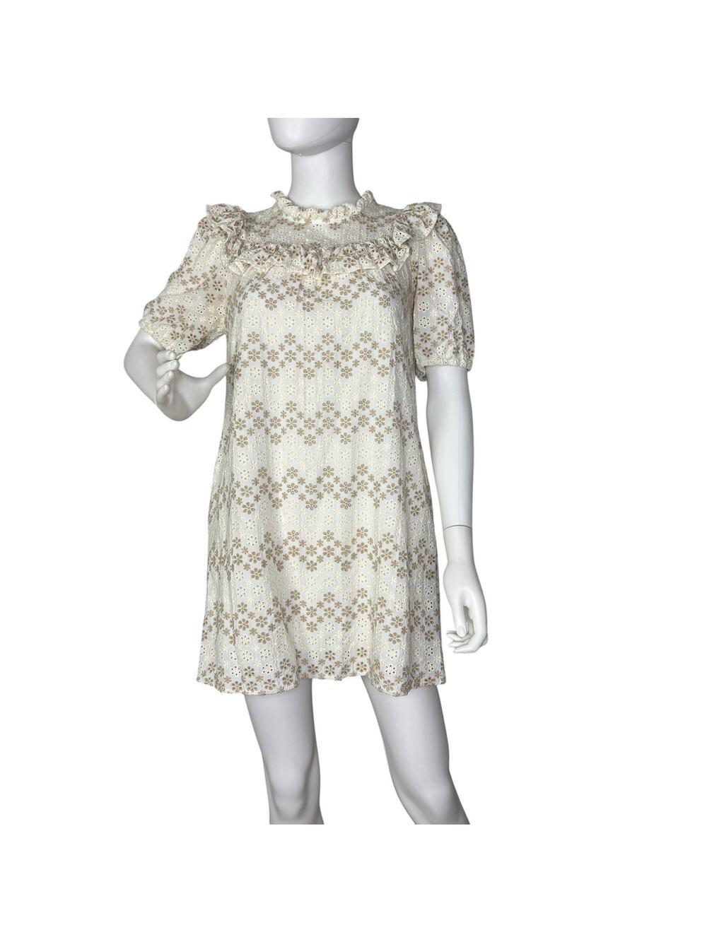 Mini Shift Dress Eyelet Short Sleeve High Neck Ruffle Yoke Ivory Beige Size M